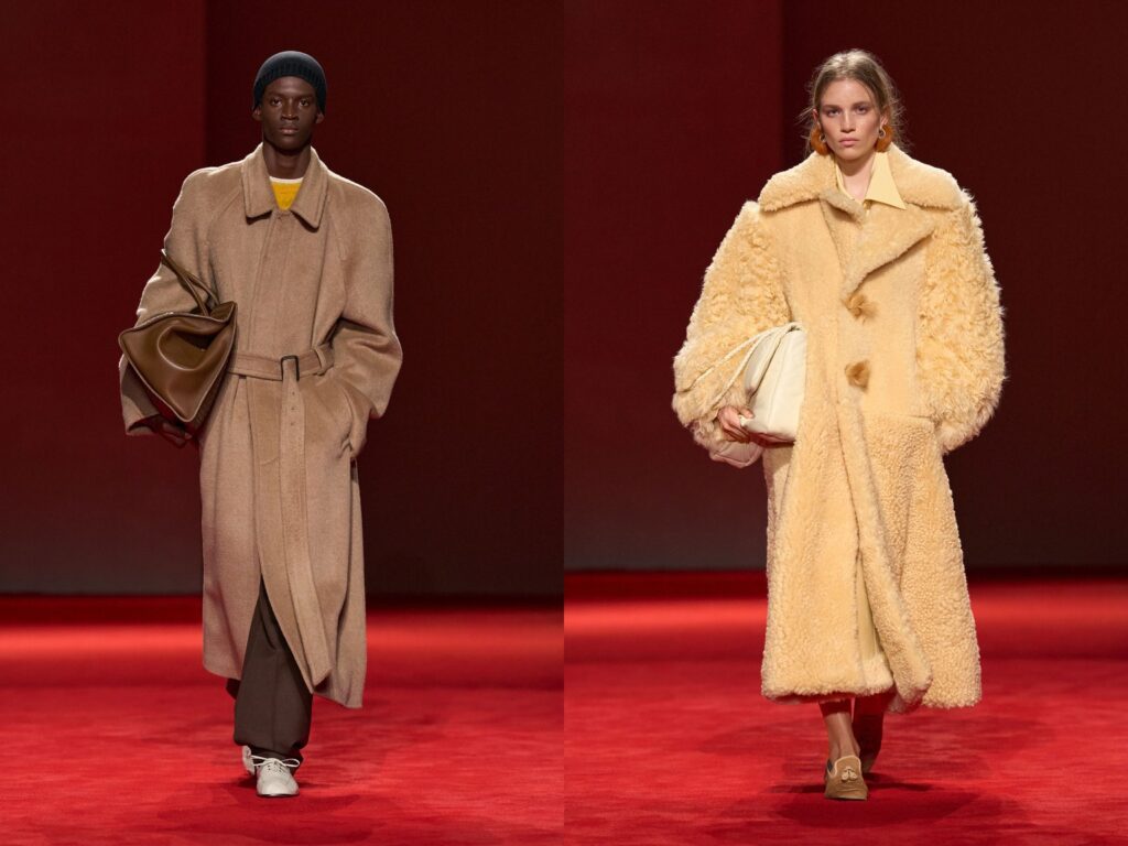 Bottega Veneta Fall 2026 looks 29 and 50: a belted camel coat carried with a brown leather bag, and a long, curly cream coat