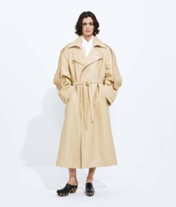 Bottega Veneta Semi Shiny Leather Trench in a pale Rubber colorway, belted, with Intrecciato woven leather epaulets