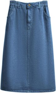 CHARTOU medium-wash denim A-line midi skirt with an elastic back waist