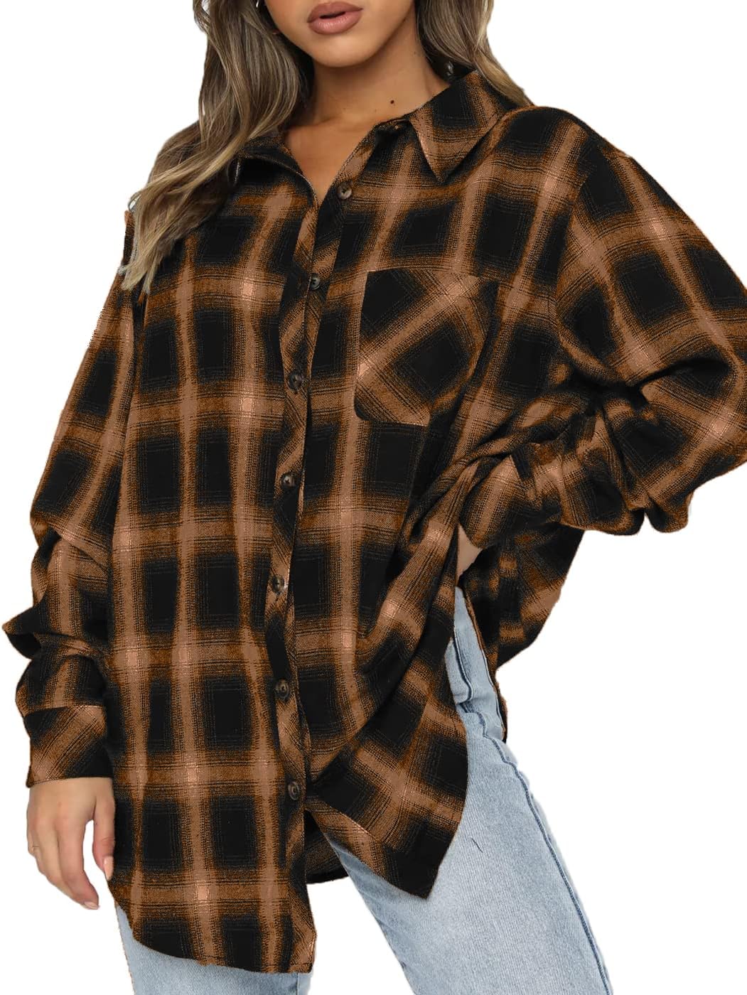 Brown plaid oversized flannel shirt to wear open over a tee