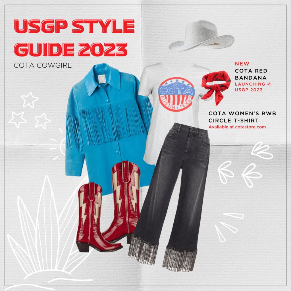 Circuit of The Americas USGP style guide COTA Cowgirl board with a fringe jacket, red cowboy boots, fringed jeans, a white cowboy hat and a bandana