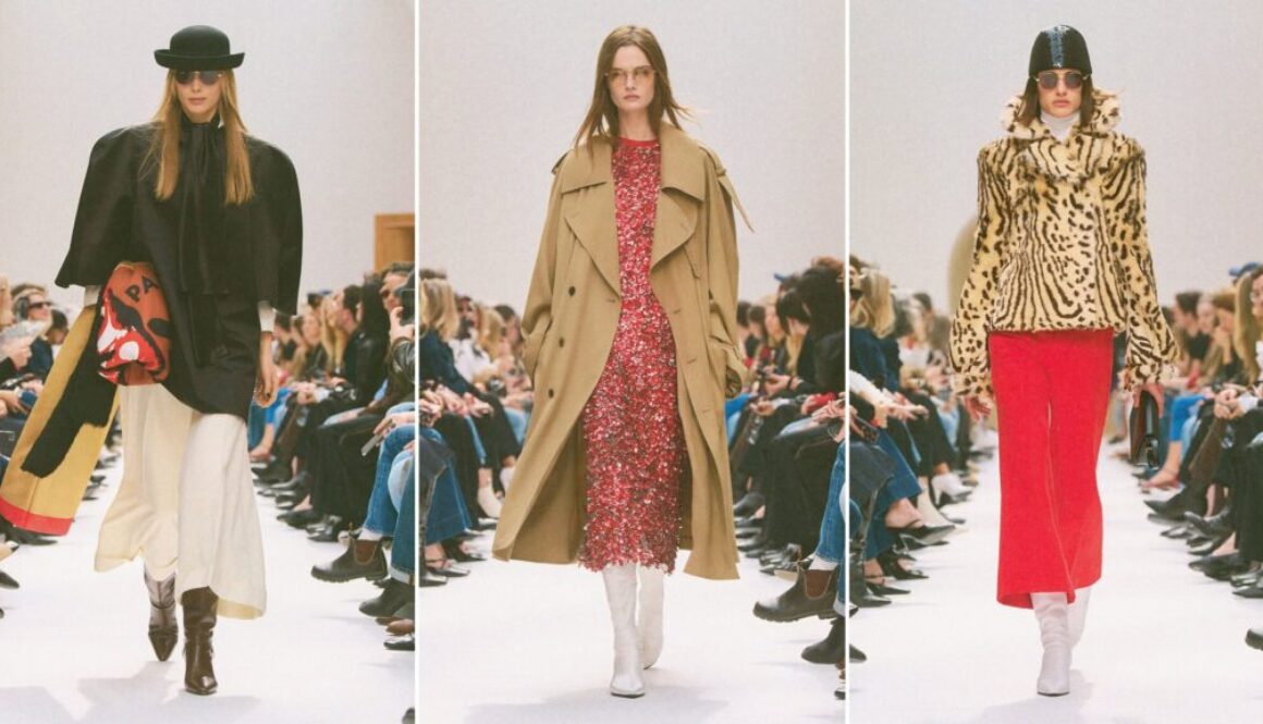 Celine cowboy boots on the Fall 2026 runway: dark brown pointed boots with a cream skirt and black jacket, white mid-calf boots under a camel trench and red sequin dress, and white boots with an animal-print jacket and red skirt (looks 11, 32 and 9)