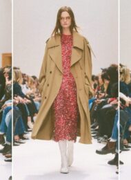 Celine cowboy boots on the Fall 2026 runway: dark brown pointed boots with a cream skirt and black jacket, white mid-calf boots under a camel trench and red sequin dress, and white boots with an animal-print jacket and red skirt (looks 11, 32 and 9)
