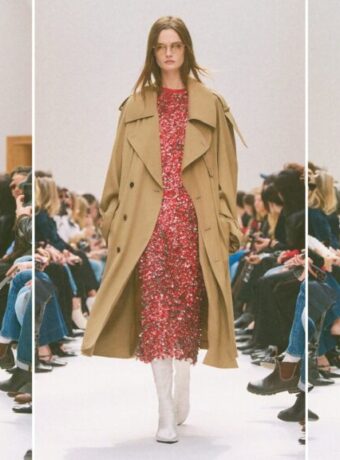 Celine cowboy boots on the Fall 2026 runway: dark brown pointed boots with a cream skirt and black jacket, white mid-calf boots under a camel trench and red sequin dress, and white boots with an animal-print jacket and red skirt (looks 11, 32 and 9)