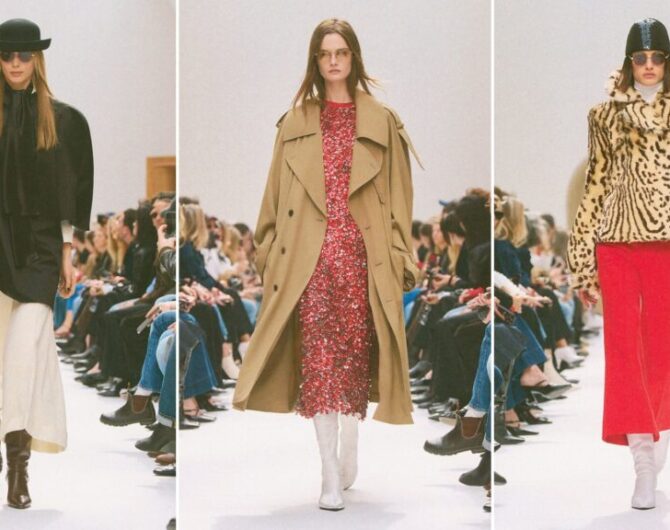 Celine cowboy boots on the Fall 2026 runway: dark brown pointed boots with a cream skirt and black jacket, white mid-calf boots under a camel trench and red sequin dress, and white boots with an animal-print jacket and red skirt (looks 11, 32 and 9)