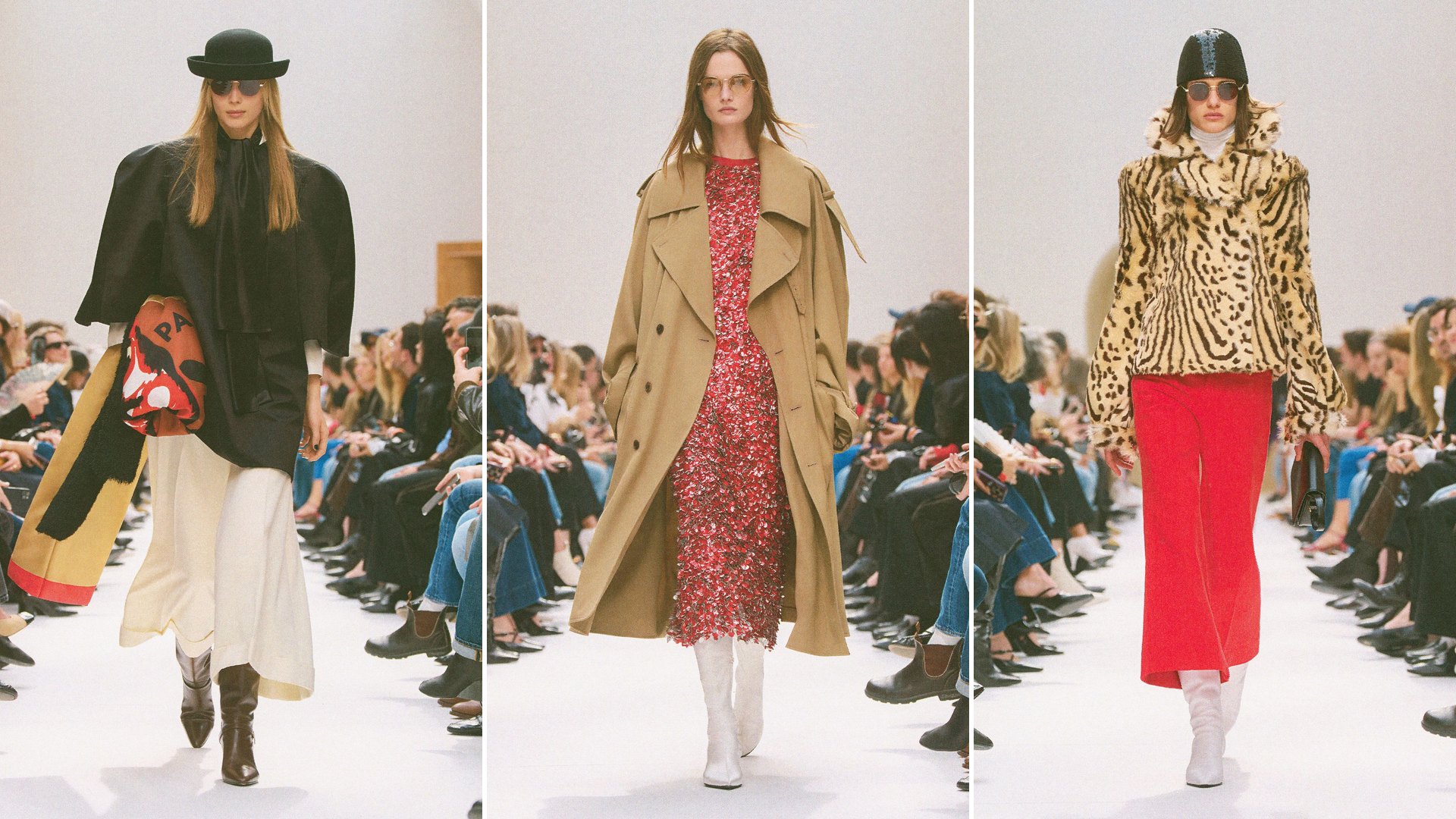 Celine cowboy boots on the Fall 2026 runway: dark brown pointed boots with a cream skirt and black jacket, white mid-calf boots under a camel trench and red sequin dress, and white boots with an animal-print jacket and red skirt (looks 11, 32 and 9)