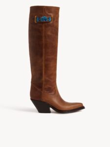 Chloé Azelan Western boot in amber brown vintage-effect calfskin with a pointed toe, Cuban heel and embroidered logo strap