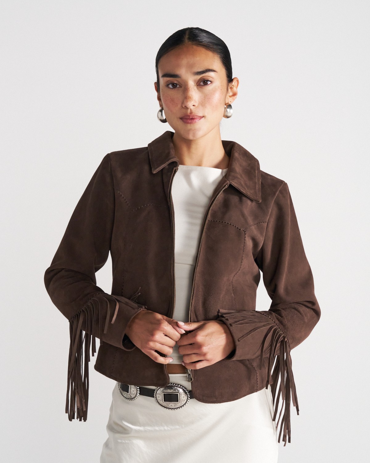 Chocolate suede fringe jacket outfit for city Texas styling