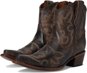 Corral women's dark brown distressed leather snip-toe ankle cowboy boots with Western embroidery
