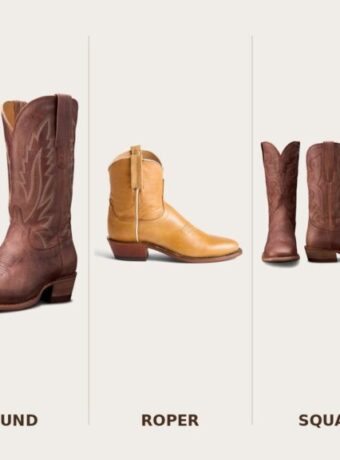 Five women's cowboy boots photographed side by side and labeled by toe: a Lucchese snip toe bootie, a Tecovas round toe boot, a Lucchese roper toe bootie, a Tecovas square toe boot and a Tecovas wide square toe boot