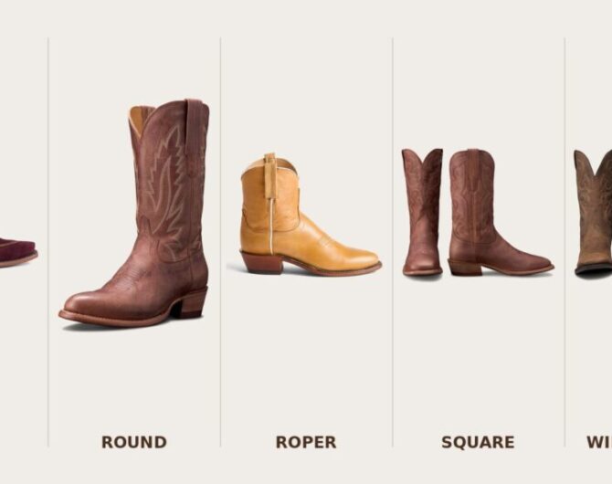 Five women's cowboy boots photographed side by side and labeled by toe: a Lucchese snip toe bootie, a Tecovas round toe boot, a Lucchese roper toe bootie, a Tecovas square toe boot and a Tecovas wide square toe boot