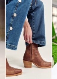 Cowboy booties outfit ideas: Chloé Fall 2026 look 4 with a sheer tiered skirt and brown boots, a close-up of jeans over a brown Tecovas short-shaft bootie, and Louis Vuitton Fall 2026 look 31 with a short plaid skirt and short boots