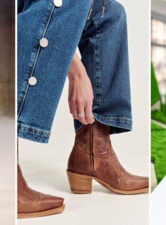 Cowboy booties outfit ideas: Chloé Fall 2026 look 4 with a sheer tiered skirt and brown boots, a close-up of jeans over a brown Tecovas short-shaft bootie, and Louis Vuitton Fall 2026 look 31 with a short plaid skirt and short boots