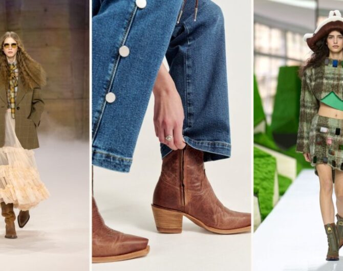 Cowboy booties outfit ideas: Chloé Fall 2026 look 4 with a sheer tiered skirt and brown boots, a close-up of jeans over a brown Tecovas short-shaft bootie, and Louis Vuitton Fall 2026 look 31 with a short plaid skirt and short boots