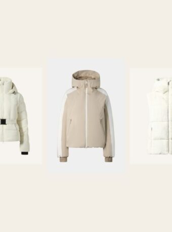 Five cute ski outfit pieces side by side: a black one-piece Perfect Moment ski suit, a cream belted down ski jacket, a beige and white Bogner ski jacket, a cream faux-fur down gilet and a gray Stetson felt hat