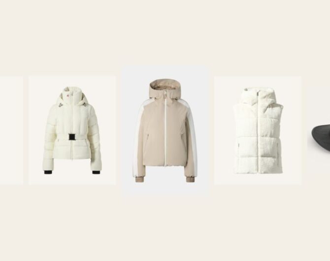 Five cute ski outfit pieces side by side: a black one-piece Perfect Moment ski suit, a cream belted down ski jacket, a beige and white Bogner ski jacket, a cream faux-fur down gilet and a gray Stetson felt hat