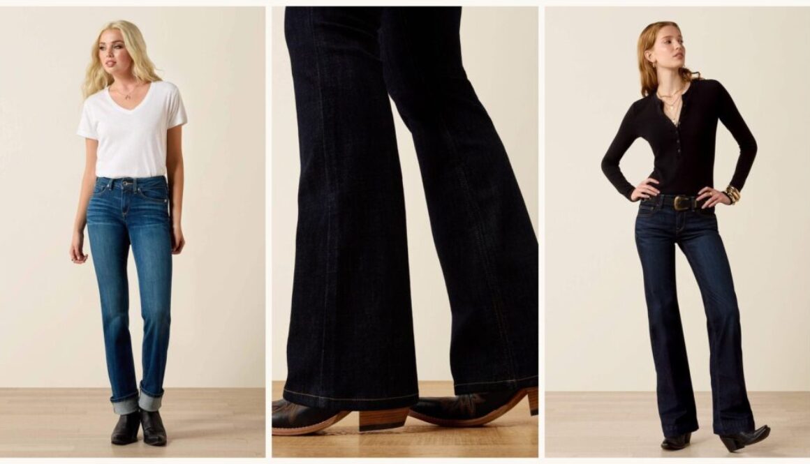 Dark wash jeans with cowboy boots — three Ariat looks: white tee, rinse denim over black boots, black top with dark trouser jeans