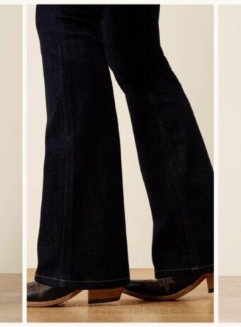 Dark wash jeans with cowboy boots — three Ariat looks: white tee, rinse denim over black boots, black top with dark trouser jeans