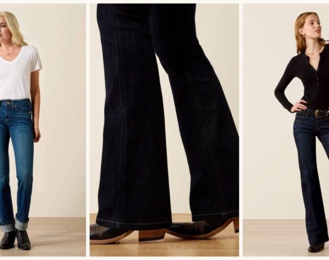 Dark wash jeans with cowboy boots — three Ariat looks: white tee, rinse denim over black boots, black top with dark trouser jeans