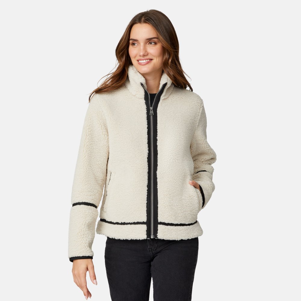 Free Country women's Shearlux faux shearling jacket in cream with dark faux-suede trim and a stand collar