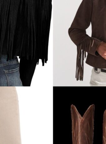 Fringe jacket outfit collage with suede fringe jackets, dark straight jeans, and fringe bag