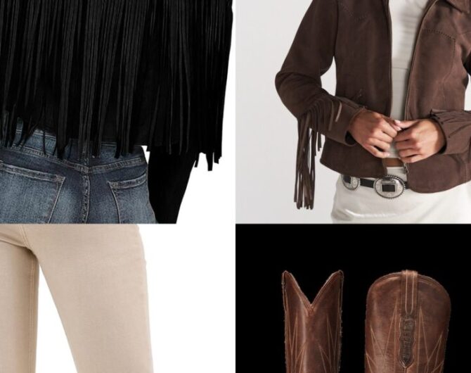 Fringe jacket outfit collage with suede fringe jackets, dark straight jeans, and fringe bag