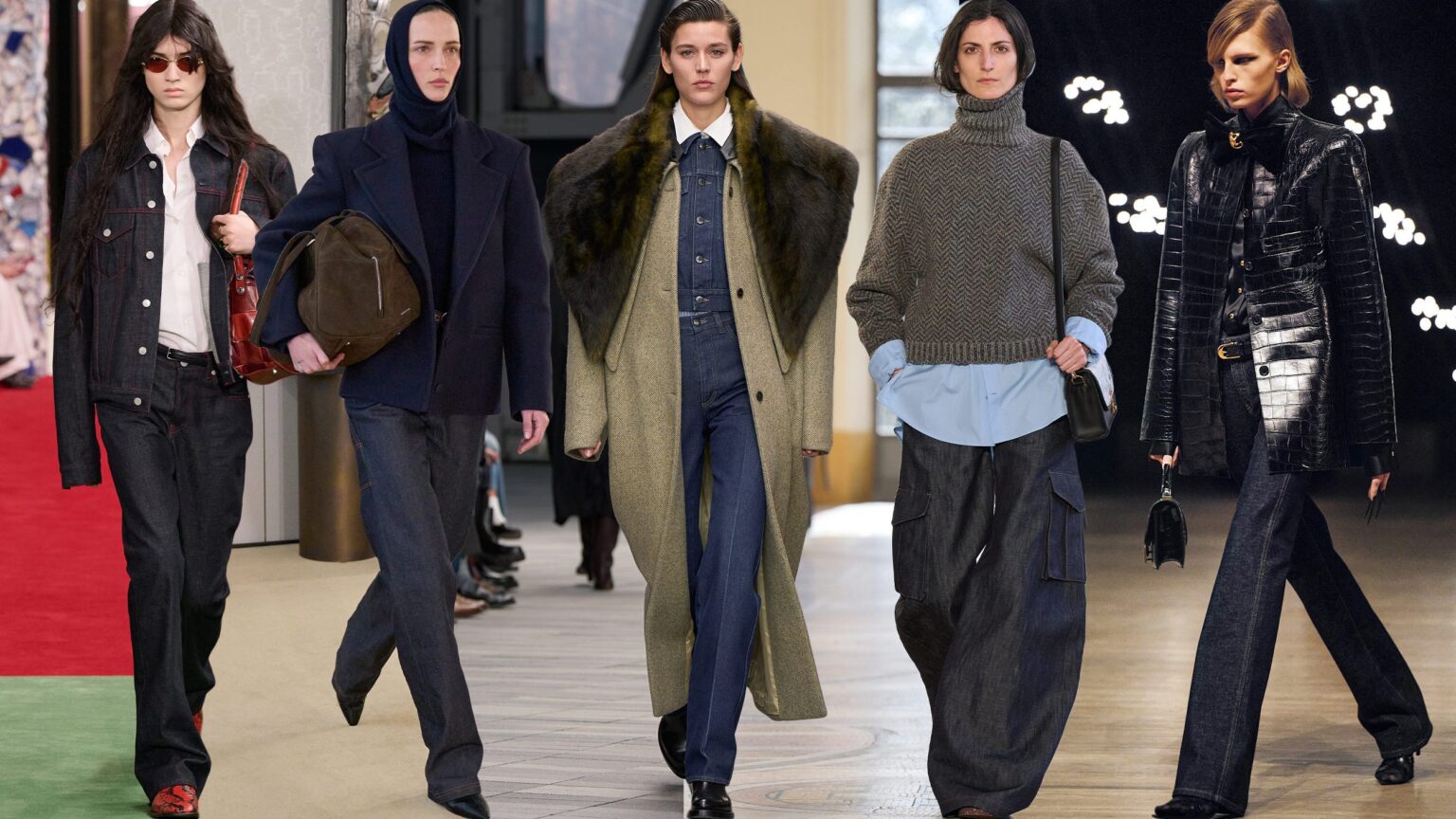 Fall 2026 runway models in deep indigo jeans with streamlined, minimalist styling