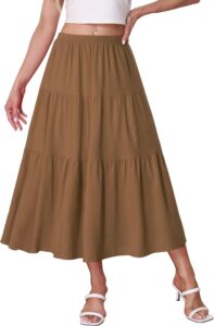 Kingfancy brown tiered A-line midi skirt with an elastic waist