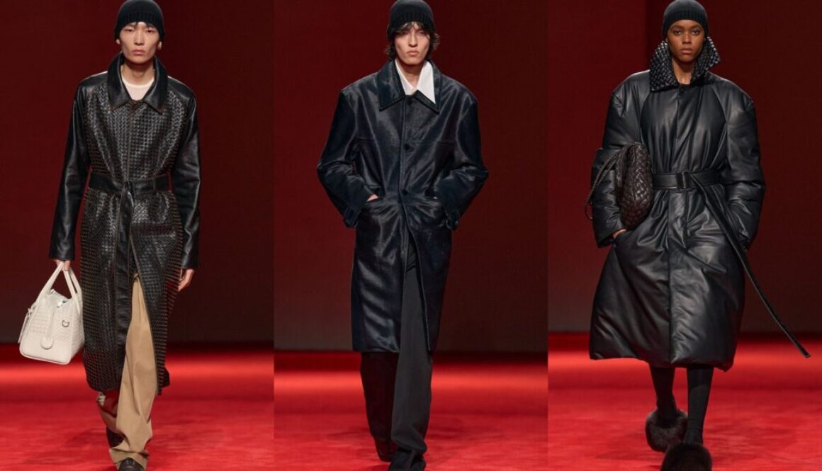 Leather trench coat outfit ideas from Bottega Veneta Fall 2026: a woven black leather coat over khaki trousers, a long black leather coat with a white shirt collar, and a padded black leather coat with a belt (looks 11, 56 and 61)