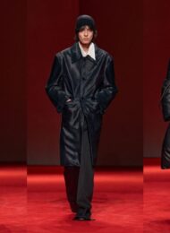 Leather trench coat outfit ideas from Bottega Veneta Fall 2026: a woven black leather coat over khaki trousers, a long black leather coat with a white shirt collar, and a padded black leather coat with a belt (looks 11, 56 and 61)