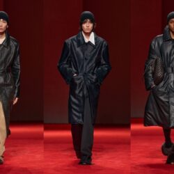 Leather trench coat outfit ideas from Bottega Veneta Fall 2026: a woven black leather coat over khaki trousers, a long black leather coat with a white shirt collar, and a padded black leather coat with a belt (looks 11, 56 and 61)