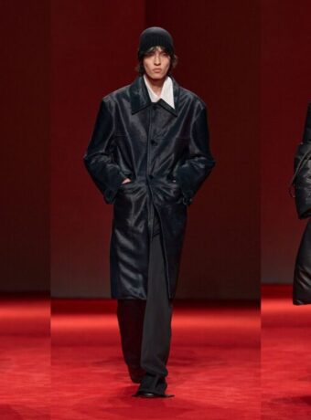 Leather trench coat outfit ideas from Bottega Veneta Fall 2026: a woven black leather coat over khaki trousers, a long black leather coat with a white shirt collar, and a padded black leather coat with a belt (looks 11, 56 and 61)