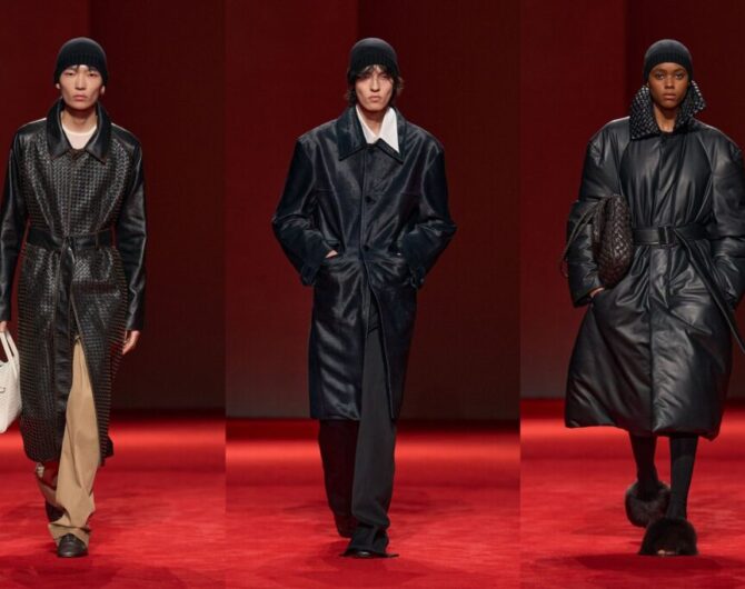 Leather trench coat outfit ideas from Bottega Veneta Fall 2026: a woven black leather coat over khaki trousers, a long black leather coat with a white shirt collar, and a padded black leather coat with a belt (looks 11, 56 and 61)