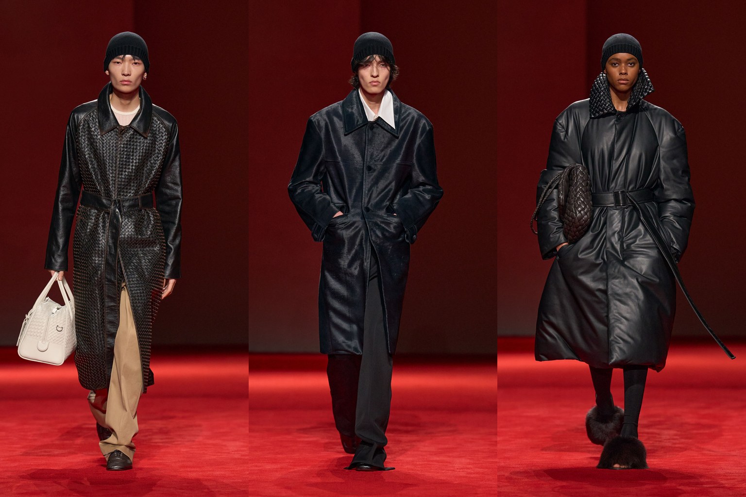 Leather trench coat outfit ideas from Bottega Veneta Fall 2026: a woven black leather coat over khaki trousers, a long black leather coat with a white shirt collar, and a padded black leather coat with a belt (looks 11, 56 and 61)