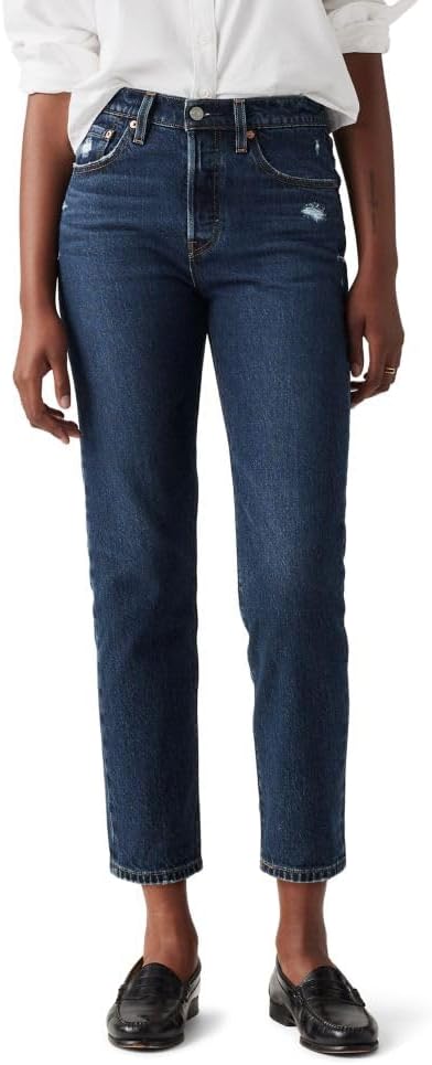 Levi's women's 501 Crop jeans in a dark wash with a cropped straight leg that ends at the ankle