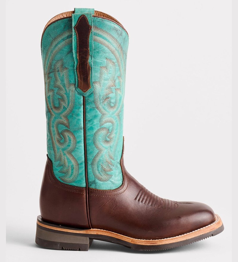 Lucchese Ruth barn boot with a brown vamp, turquoise shaft and W wide square toe