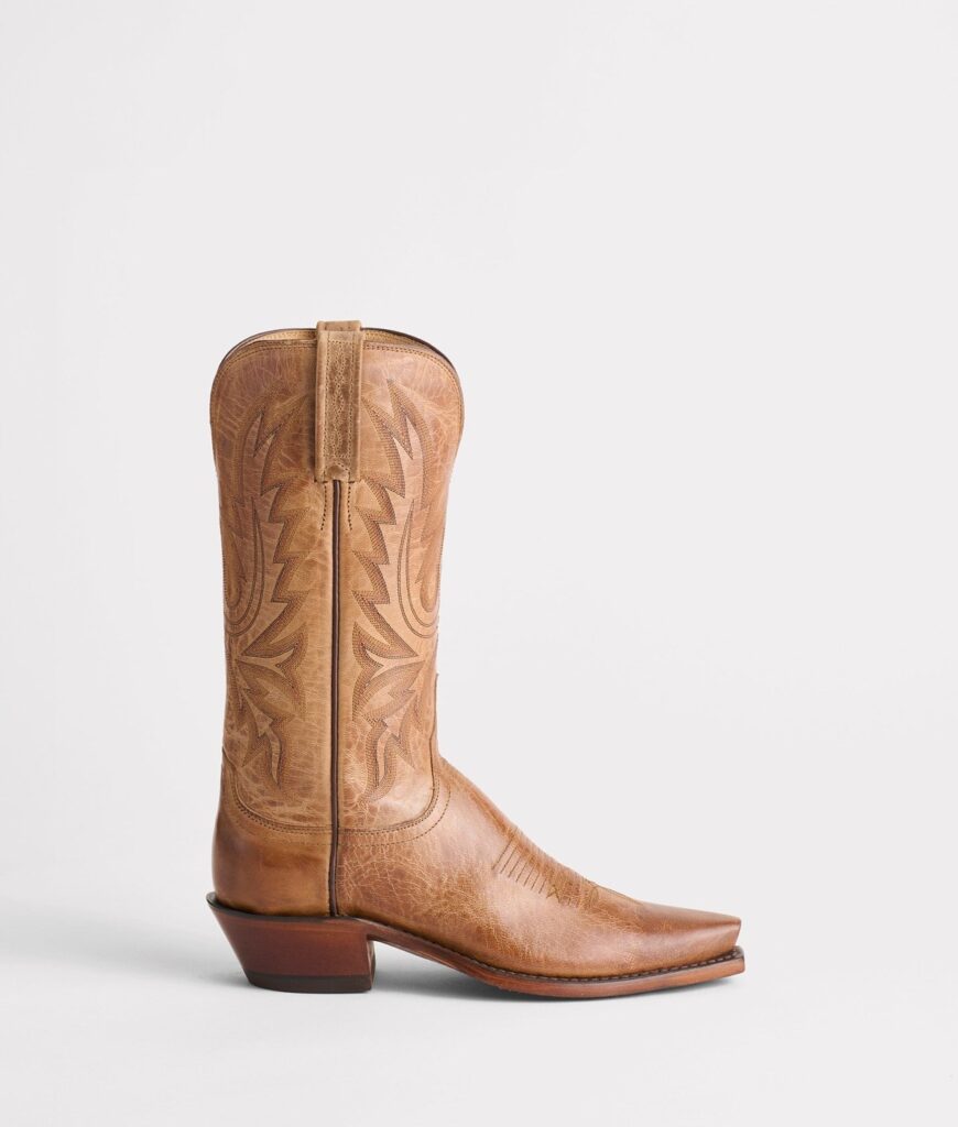 Lucchese Savannah women's cowboy boot in tan burnished goat leather with a snip toe and decorative shaft stitching, side view