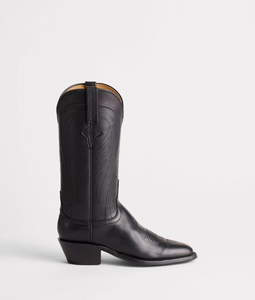 Lucchese Summer women's luxury cowboy boot in black burnished American calf with Kennedy pull straps and tonal Seville cord stitching