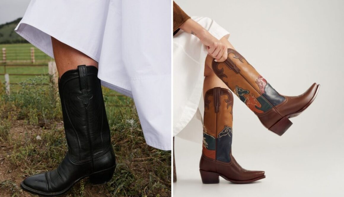 Luxury cowboy boots side by side: the black Lucchese Summer worn with a white dress, and the Tecovas Annie Wild Horses with horse inlays on the shaft