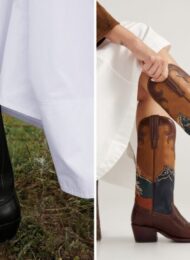 Luxury cowboy boots side by side: the black Lucchese Summer worn with a white dress, and the Tecovas Annie Wild Horses with horse inlays on the shaft