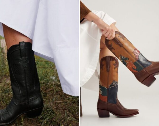 Luxury cowboy boots side by side: the black Lucchese Summer worn with a white dress, and the Tecovas Annie Wild Horses with horse inlays on the shaft