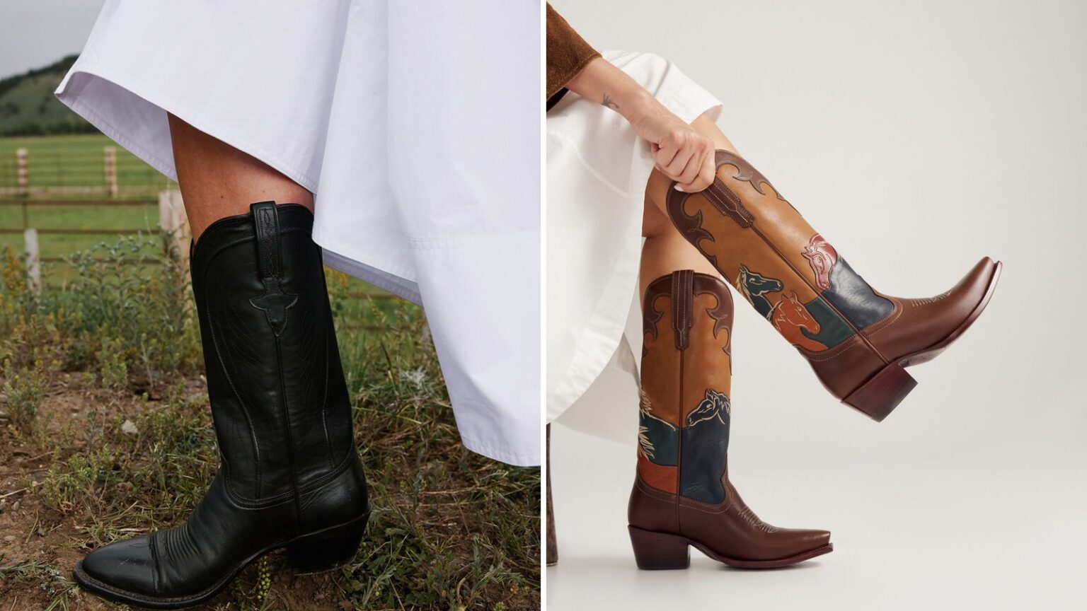 Luxury cowboy boots side by side: the black Lucchese Summer worn with a white dress, and the Tecovas Annie Wild Horses with horse inlays on the shaft