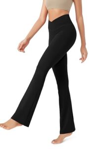 ODODOS cross waist flare yoga pants with hidden pocket in black
