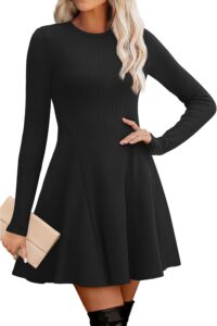 OFEEFAN black ribbed-knit long-sleeve fit-and-flare sweater dress
