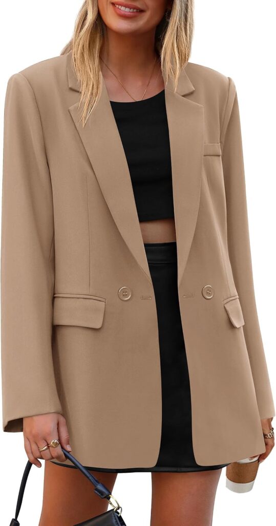 PRETTYGARDEN women's oversized double-breasted notch-lapel blazer in Khaki