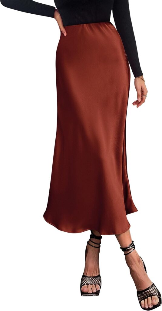 PRETTYGARDEN women's high-waisted satin A-line midi skirt in Brown