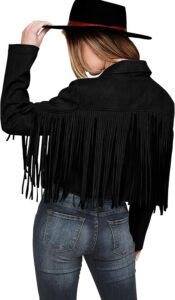 PRETTYGARDEN black cropped faux suede fringe jacket