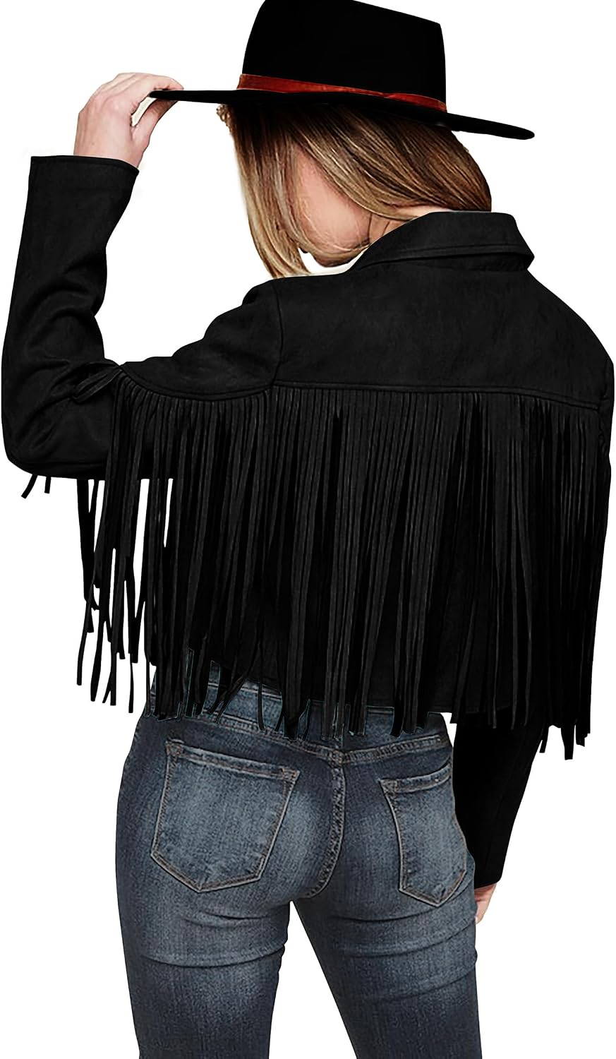 Black fringe faux suede jacket for a fringe jacket outfit