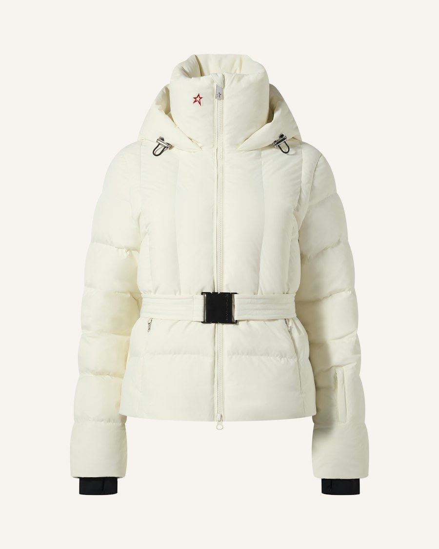 Perfect Moment Classic Waisted Down Ski Jacket in snow white with a belted waist and hood