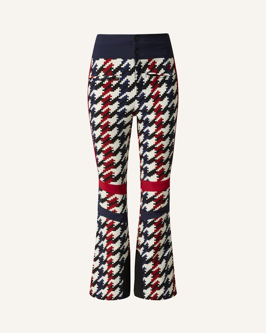 Perfect Moment high-waist Aurora flare ski pant in a red, navy and cream houndstooth print